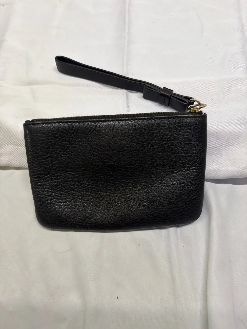 Kate Spade New York Black Pebbled Leather Wristlet Clutch Striped Lining